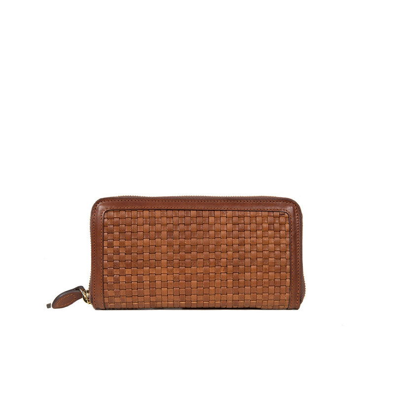 byAxel brun plånbok i flätat läder tillverkad i Italien.
